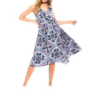 Roxy Midi Wrap Dress Womens Large Blue V- Neck Strappy Belted Artsy Bohemian